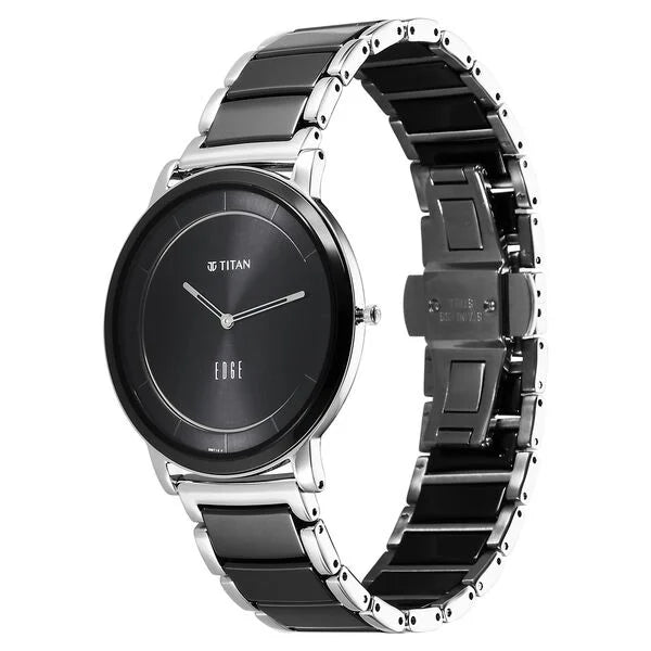 Titan 1878KD01 | Titan Edge Fusion Quartz Analog Black Dial Two Toned Steel & Ceramic Strap Watch for Men