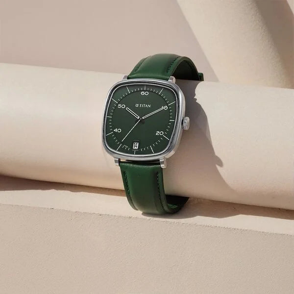 Titan 1885SL04 | Titan Neo Curve Quartz Analog with Date Green Dial Leather Strap Watch For Men