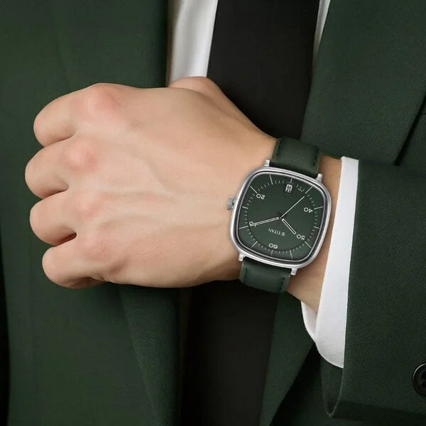Titan 1885SL04 | Titan Neo Curve Quartz Analog with Date Green Dial Leather Strap Watch For Men