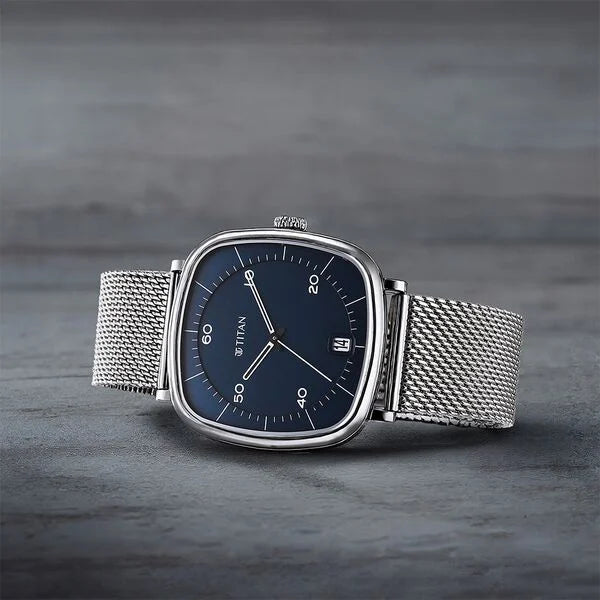 Titan 1885SM02 | Titan Neo Curve Quartz Analog with Date Blue Dial Stainless Steel Strap Watch For Men