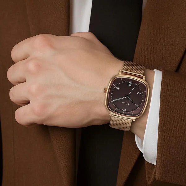 Titan 1885WM01 | Titan Neo Curve Quartz Analog with Date Brown Dial Stainless Steel Strap Watch For Men