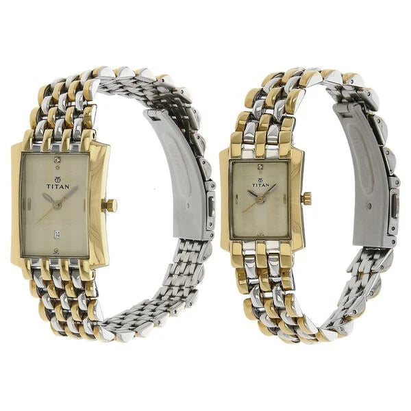 Titan 9272927BM02 | Titan Quartz Analog with Date Champagne Dial Metal Strap Watch for Couple