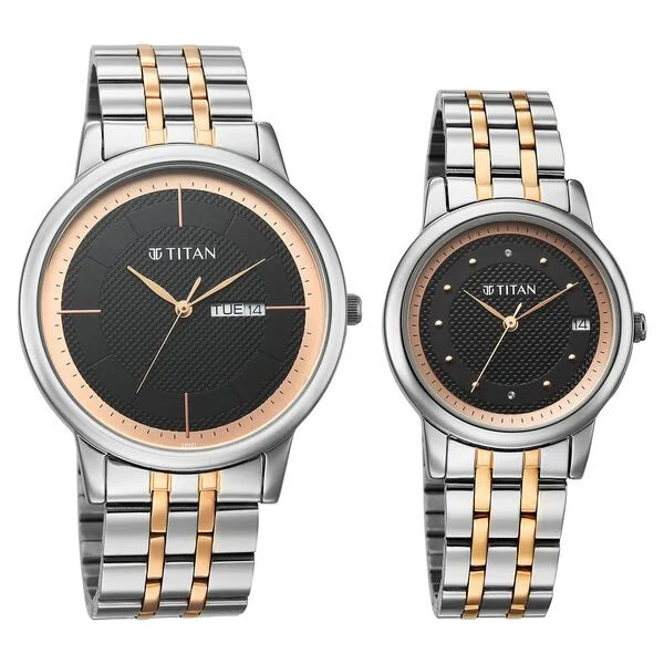 Titan 19672967KM01 | Titan Bandhan Eternal Pair Analog with Date and Black Dial Dual Tone Stainless Steel Strap Watch for Couples
