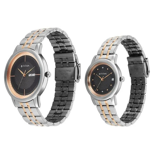 Titan 19672967KM01 | Titan Bandhan Eternal Pair Analog with Date and Black Dial Dual Tone Stainless Steel Strap Watch for Couples