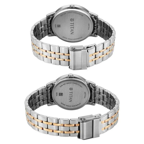 Titan 19672967KM01 | Titan Bandhan Eternal Pair Analog with Date and Black Dial Dual Tone Stainless Steel Strap Watch for Couples