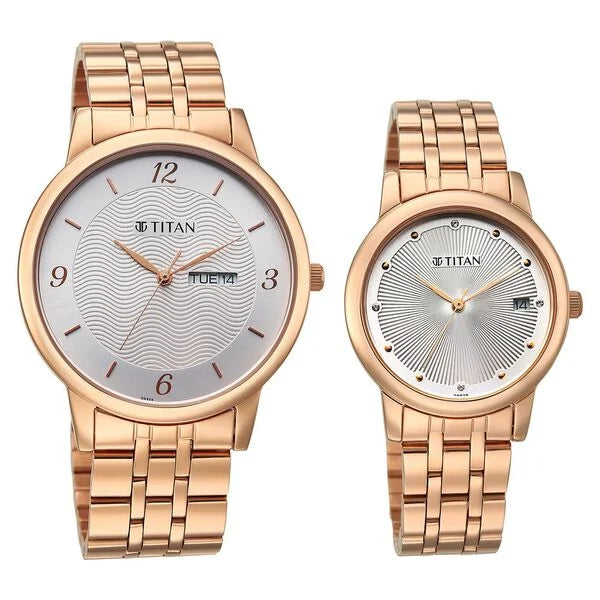 Titan 19672967WM01 | Titan Bandhan Eternal Pair Analog with Date and Silver Dial Rose Gold Stainless Steel Strap Watch for Couples
