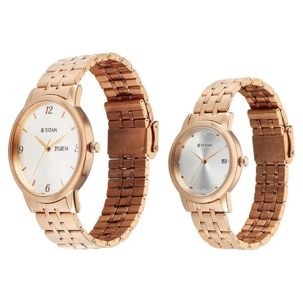 Titan 19672967WM01 | Titan Bandhan Eternal Pair Analog with Date and Silver Dial Rose Gold Stainless Steel Strap Watch for Couples