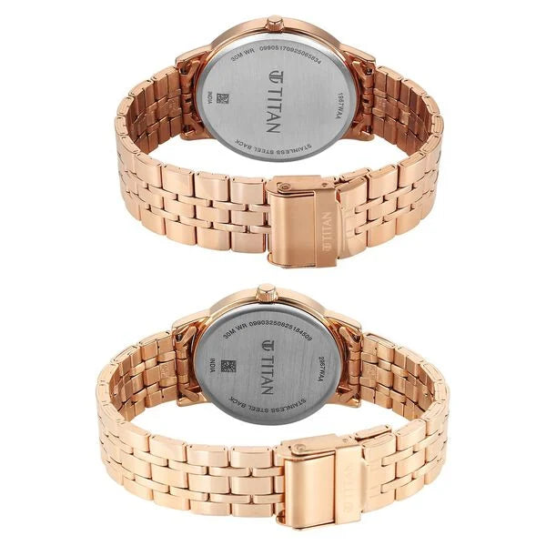 Titan 19672967WM01 | Titan Bandhan Eternal Pair Analog with Date and Silver Dial Rose Gold Stainless Steel Strap Watch for Couples