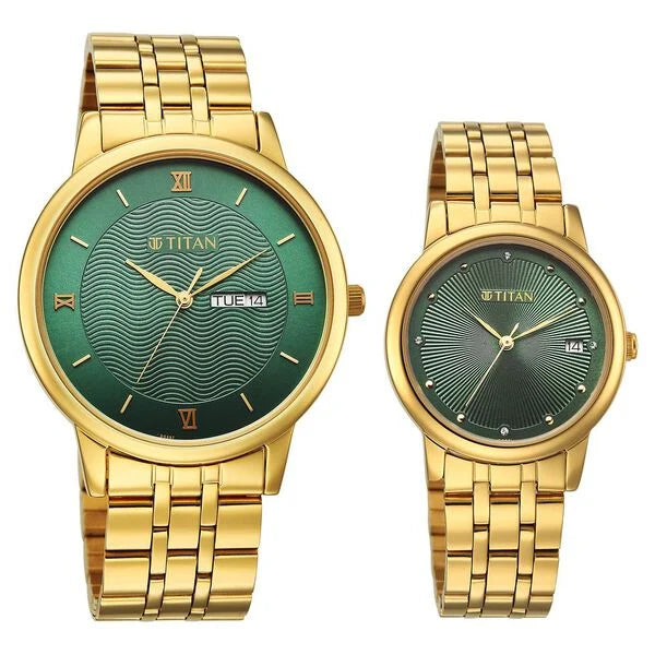 Titan 19672967YM01 | Titan Bandhan Eternal Pair Analog with Date and Green Dial Yellow Gold Stainless Steel Strap Watch for Couples