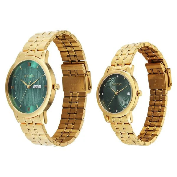 Titan 19672967YM01 | Titan Bandhan Eternal Pair Analog with Date and Green Dial Yellow Gold Stainless Steel Strap Watch for Couples