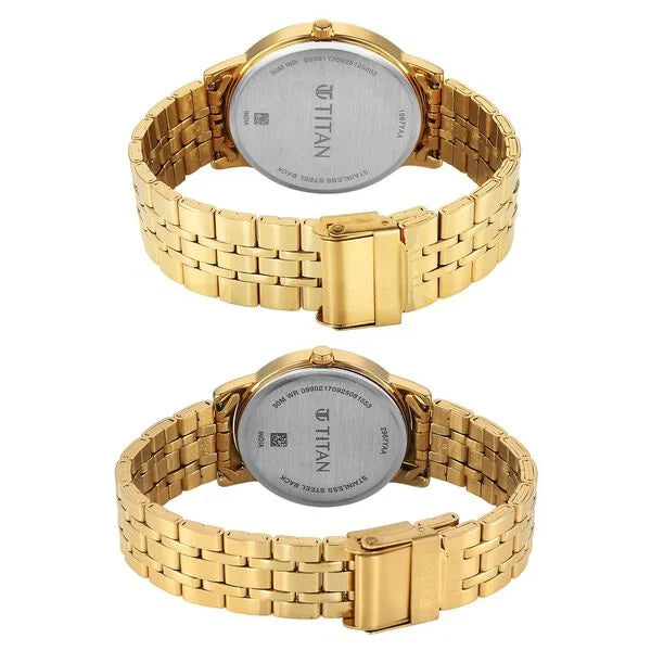 Titan 19672967YM01 | Titan Bandhan Eternal Pair Analog with Date and Green Dial Yellow Gold Stainless Steel Strap Watch for Couples