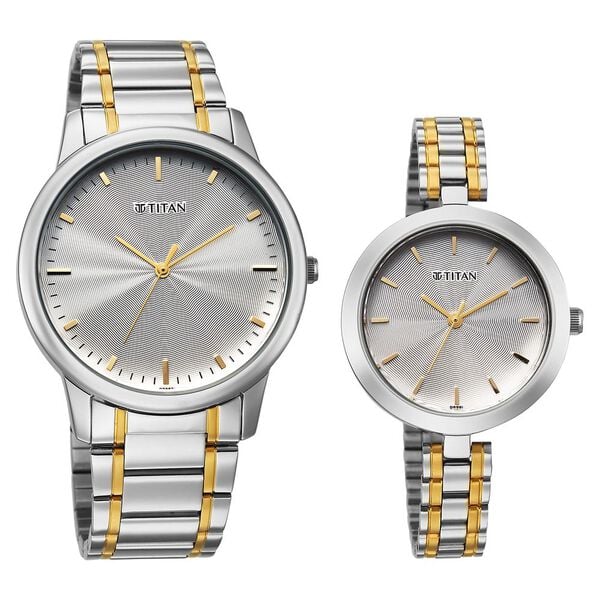 Titan 19692969BM01 | Titan Bandhan Eternal Pair Analog with Silver Dial Dual Tone Stainless Steel Strap Watch for Couples