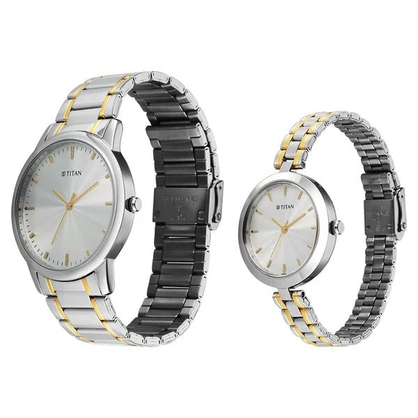 Titan 19692969BM01 | Titan Bandhan Eternal Pair Analog with Silver Dial Dual Tone Stainless Steel Strap Watch for Couples