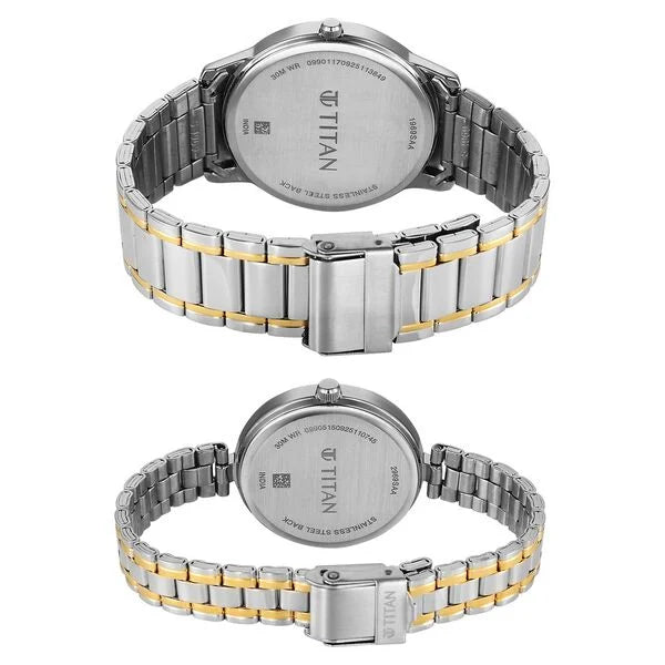Titan 19692969BM01 | Titan Bandhan Eternal Pair Analog with Silver Dial Dual Tone Stainless Steel Strap Watch for Couples