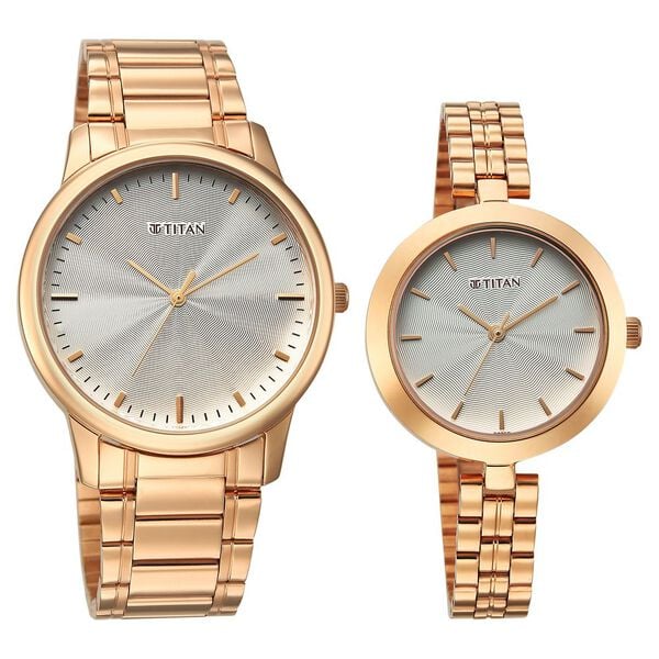 Titan 19692969WM01 | Titan Bandhan Eternal Pair Analog with Silver Dial Rose Gold Stainless Steel Strap Watch for Couples