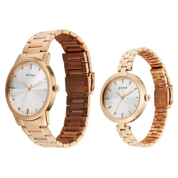 Titan 19692969WM01 | Titan Bandhan Eternal Pair Analog with Silver Dial Rose Gold Stainless Steel Strap Watch for Couples