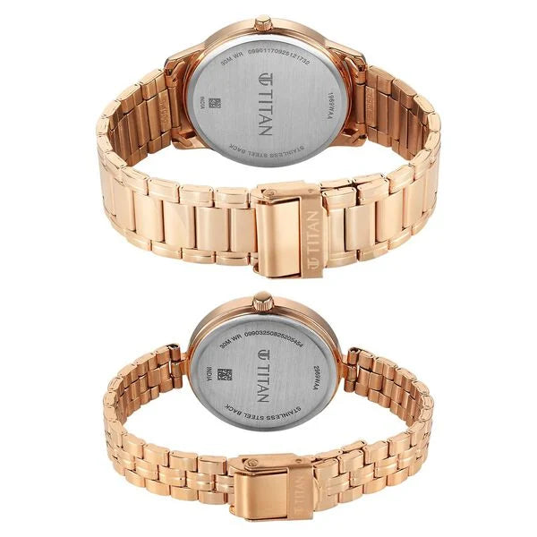 Titan 19692969WM01 | Titan Bandhan Eternal Pair Analog with Silver Dial Rose Gold Stainless Steel Strap Watch for Couples