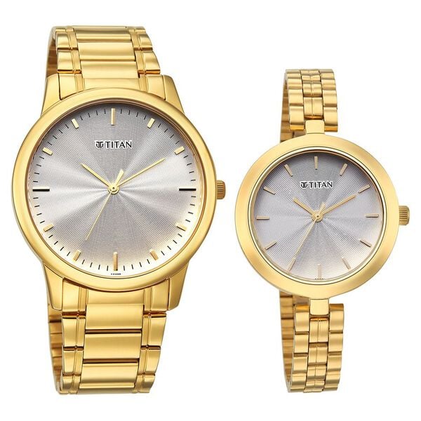 Titan 19692969YM01 | Titan Bandhan Eternal Pair Analog with Silver Dial Yellow Gold Stainless Steel Strap Watch for Couples