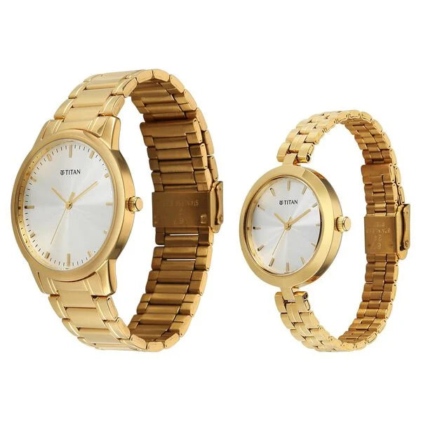 Titan 19692969YM01 | Titan Bandhan Eternal Pair Analog with Silver Dial Yellow Gold Stainless Steel Strap Watch for Couples