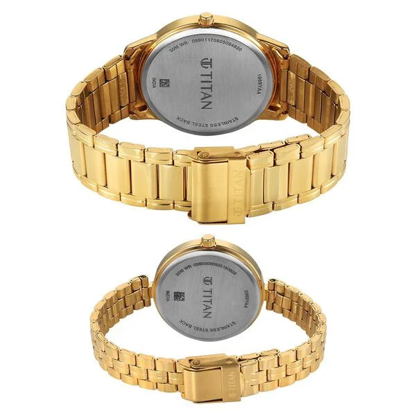 Titan 19692969YM01 | Titan Bandhan Eternal Pair Analog with Silver Dial Yellow Gold Stainless Steel Strap Watch for Couples