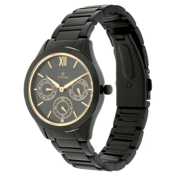 Titan 2570NM01 | Titan Quartz Analog with Day and Date Black Dial Stainless Steel Strap Watch for Women