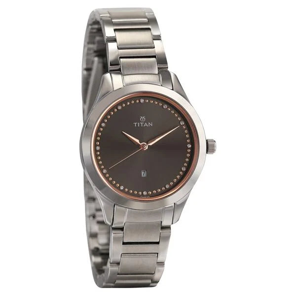 Titan 2570SM07 | Titan Sparkle Anthracite Dial Analog with Date Stainless Steel Strap Watch for Women