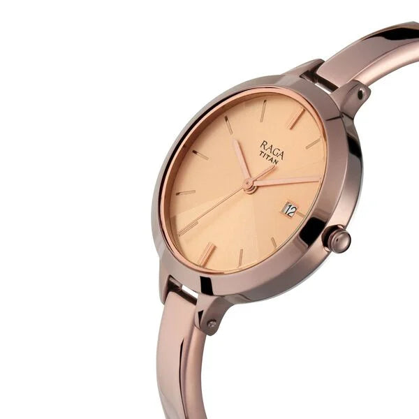 Titan 2578QM01 | Titan Quartz Analog with Date Rose Gold Dial Brown Metal Strap Watch For Women