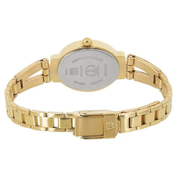 Titan 2594YM01 | Titan Quartz Analog Champagne Dial Golden Stainless Steel Strap Oval Shaped Watch For Women
