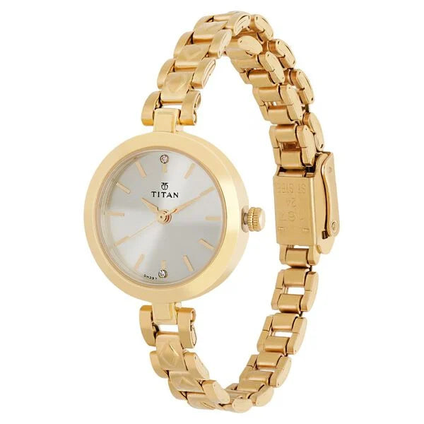 Titan 2598YM01 | Titan Quartz Analog Champagne Dial Golden Stainless Steel Strap Watch For Women