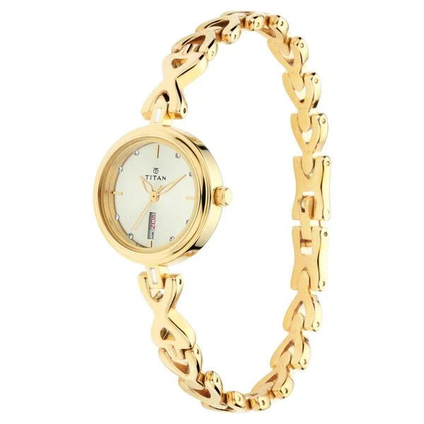 Titan 2601YM03 | Titan Quartz Analog with Day and Date Champagne Dial Metal Strap Watch for Women