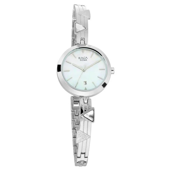 Titan 2606SM03 | Titan Raga Viva Mother of Pearl Dial Analog with Date Silver Metal Strap Watch for Women
