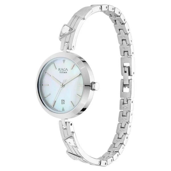 Titan 2606SM03 | Titan Raga Viva Mother of Pearl Dial Analog with Date Silver Metal Strap Watch for Women