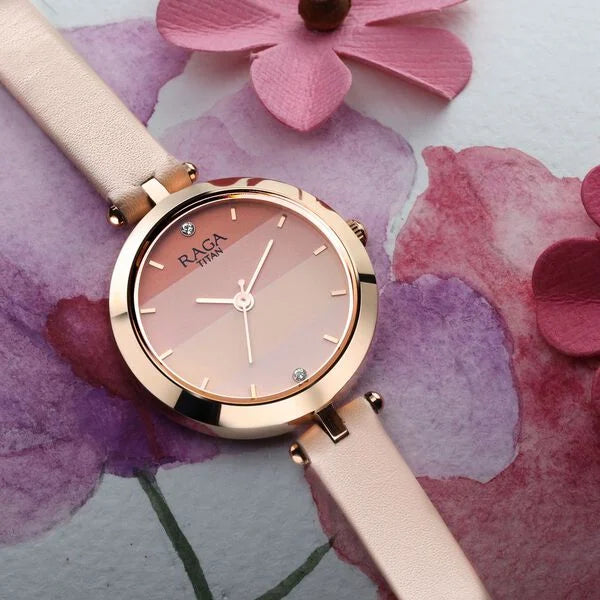Titan 2606WL02 | Raga Women's Blossom Elegance Pastel Pink Dial & Leather Grace Watch