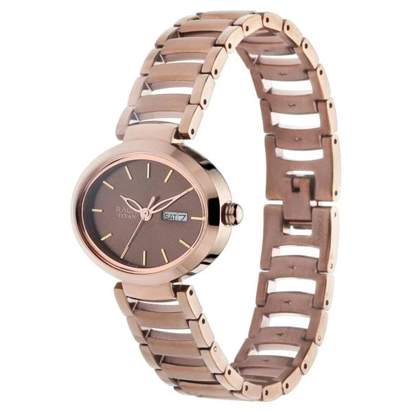 Titan 2620QM01 | Titan Raga Viva Brown Dial Analog with Day and Date Metal Strap Watch for Women