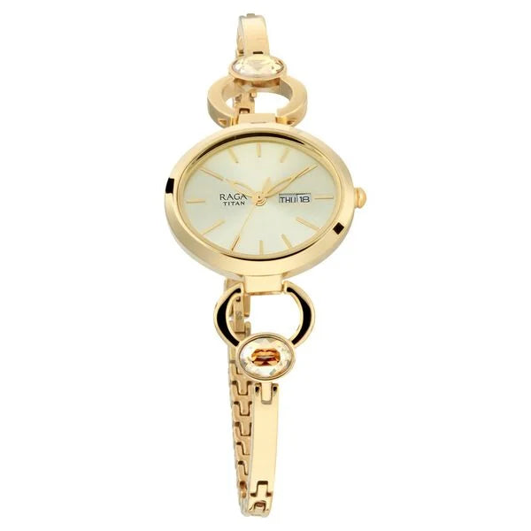 Titan 2621YM01 | Titan Raga Viva Champagne Dial Analog with Day and Date Metal Strap watch for Women