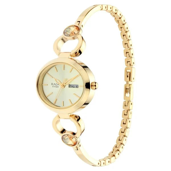 Titan 2621YM01 | Titan Raga Viva Champagne Dial Analog with Day and Date Metal Strap watch for Women