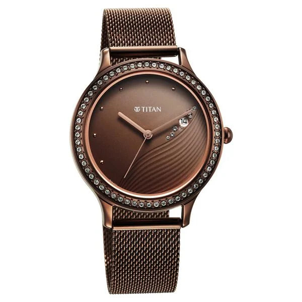 Titan 2634QM01 | Titan Purple Glam It Up Brown Dial Analog with Date Stainless Steel Strap Watch for Women