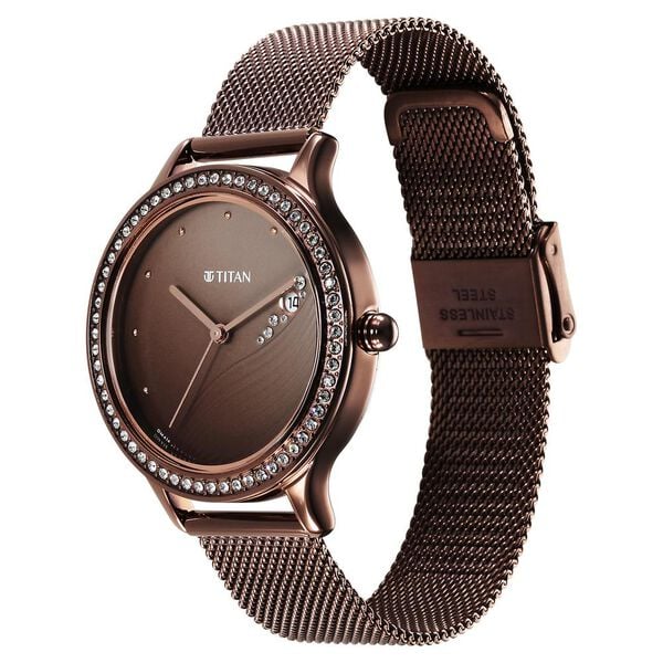 Titan 2634QM01 | Titan Purple Glam It Up Brown Dial Analog with Date Stainless Steel Strap Watch for Women
