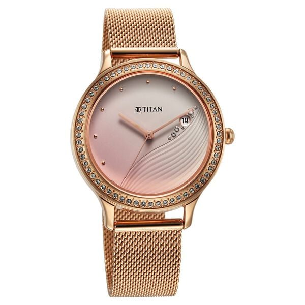 Titan 2634WM05 | Titan Purple Glam It Up Pink Dial Analog with Date Stainless Steel Strap Watch for Women
