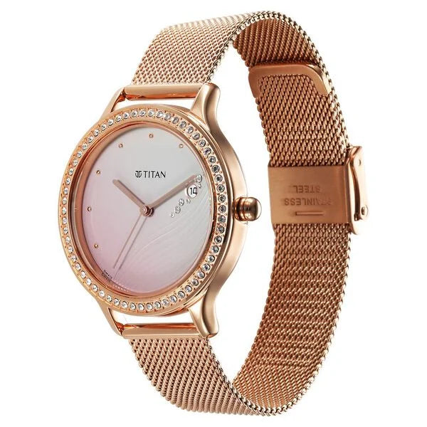 Titan 2634WM05 | Titan Purple Glam It Up Pink Dial Analog with Date Stainless Steel Strap Watch for Women