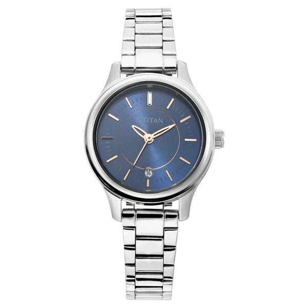 Titan 2638SM01 | Titan Quartz Analog with Date Blue Dial Metal Strap Watch for Women
