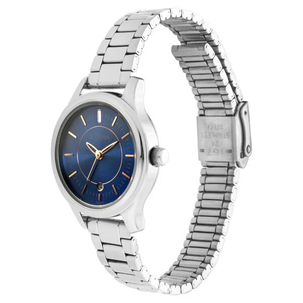 Titan 2638SM01 | Titan Quartz Analog with Date Blue Dial Metal Strap Watch for Women