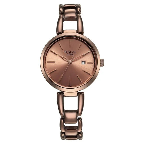 Titan 2642QM01 | Titan Raga Viva Quartz Analog with Date Rose Gold Dial Brown Metal Strap Watch for Women