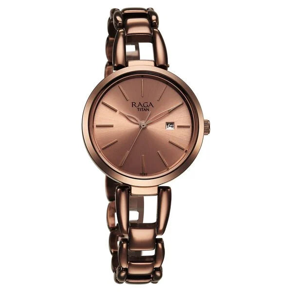 Titan 2642QM01 | Titan Raga Viva Quartz Analog with Date Rose Gold Dial Brown Metal Strap Watch for Women