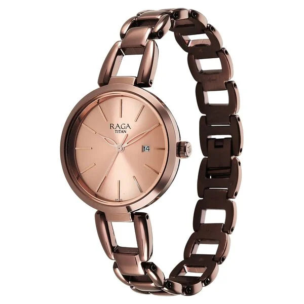 Titan 2642QM01 | Titan Raga Viva Quartz Analog with Date Rose Gold Dial Brown Metal Strap Watch for Women