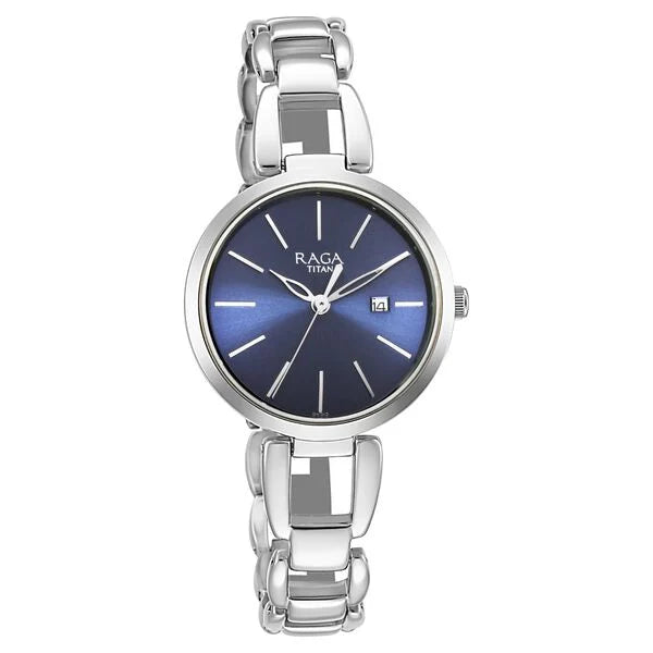 Titan 2642SM02 | Titan Raga Viva Blue Dial Analog with Date Silver Metal Strap Watch for Women