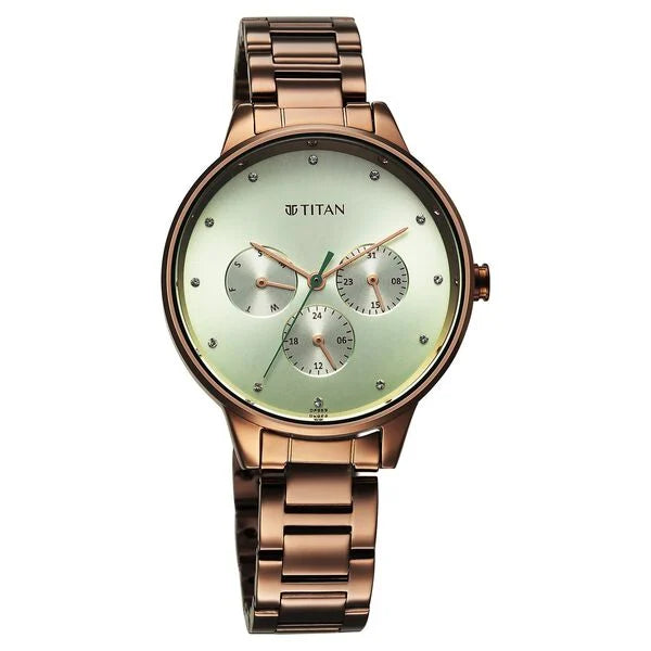 Titan 2648QM03 | Titan Razzle Dazzle Quartz Analog with Day and Date Green Dial Brown Stainless Steel Strap Watch For Women