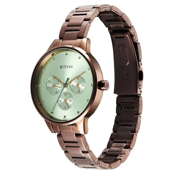 Titan 2648QM03 | Titan Razzle Dazzle Quartz Analog with Day and Date Green Dial Brown Stainless Steel Strap Watch For Women