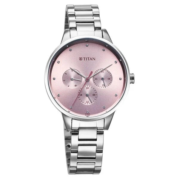 Titan 2648SM13 | Titan Razzle Dazzle Quartz Analog with Day and Date Pink Dial Silver Stainless Steel Strap Watch For Women