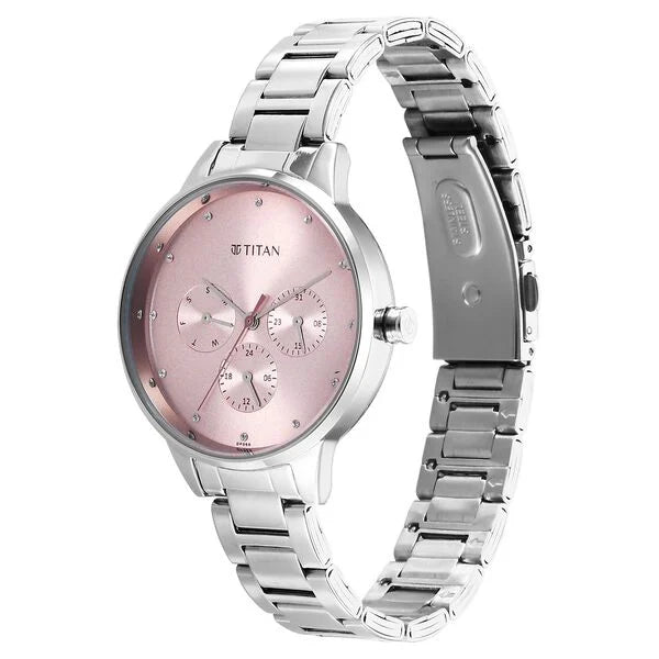 Titan 2648SM13 | Titan Razzle Dazzle Quartz Analog with Day and Date Pink Dial Silver Stainless Steel Strap Watch For Women